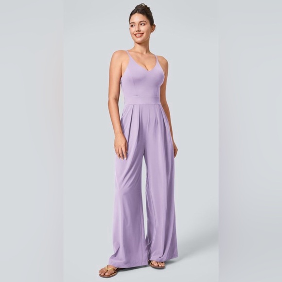 HALARA Pants - Backless Side Invisible Zipper Pocket Wide Leg Quick Dry Resort Slip Jumpsuit